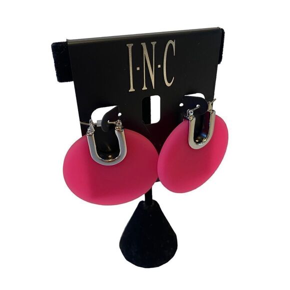 INC Hot Pink & Silver Disc Huggie Hoops. - Picture 2 of 6